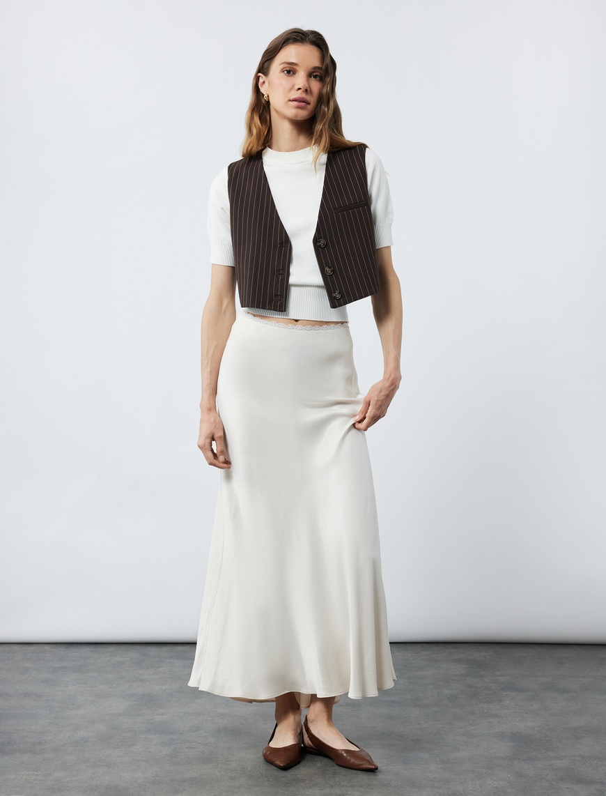   Regular Fit Midi Boy Balık Kesim Saten Etek