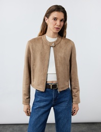 Slim Fit Fermuarlı Cepli Uzun Kollu Dik Yaka Suni Süet Ceket