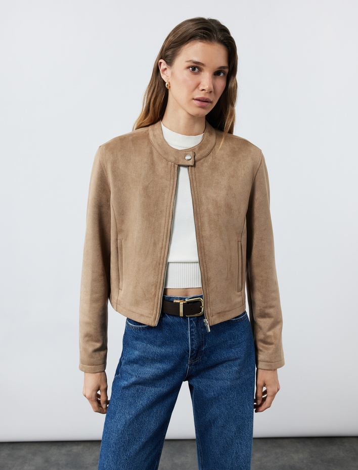 Slim Fit Fermuarlı Cepli Uzun Kollu Dik Yaka Suni Süet Ceket