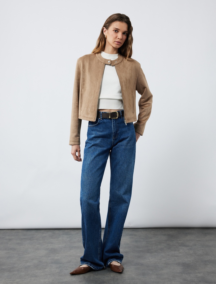   Slim Fit Fermuarlı Cepli Uzun Kollu Dik Yaka Suni Süet Ceket