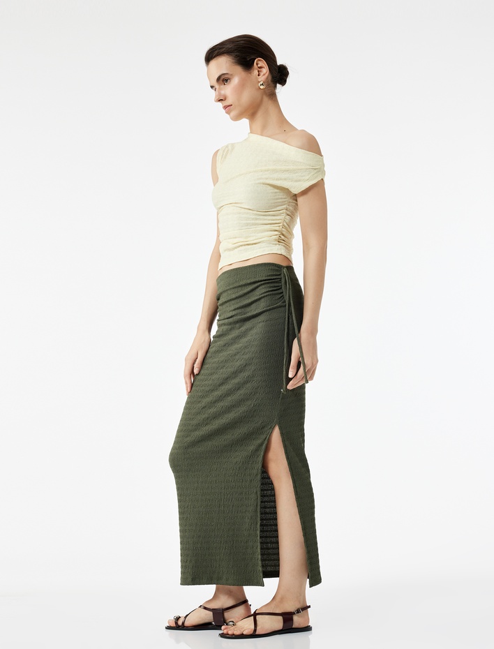  Bürümcük Kumaş Slim Fit Büzgü Detaylı Yırtmaçlı Uzun Etek