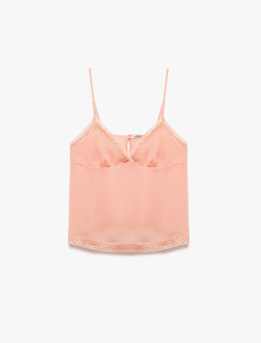   Yarı Transparan Dantel Detaylı İnce Askılı Şifon Pijama Üstü