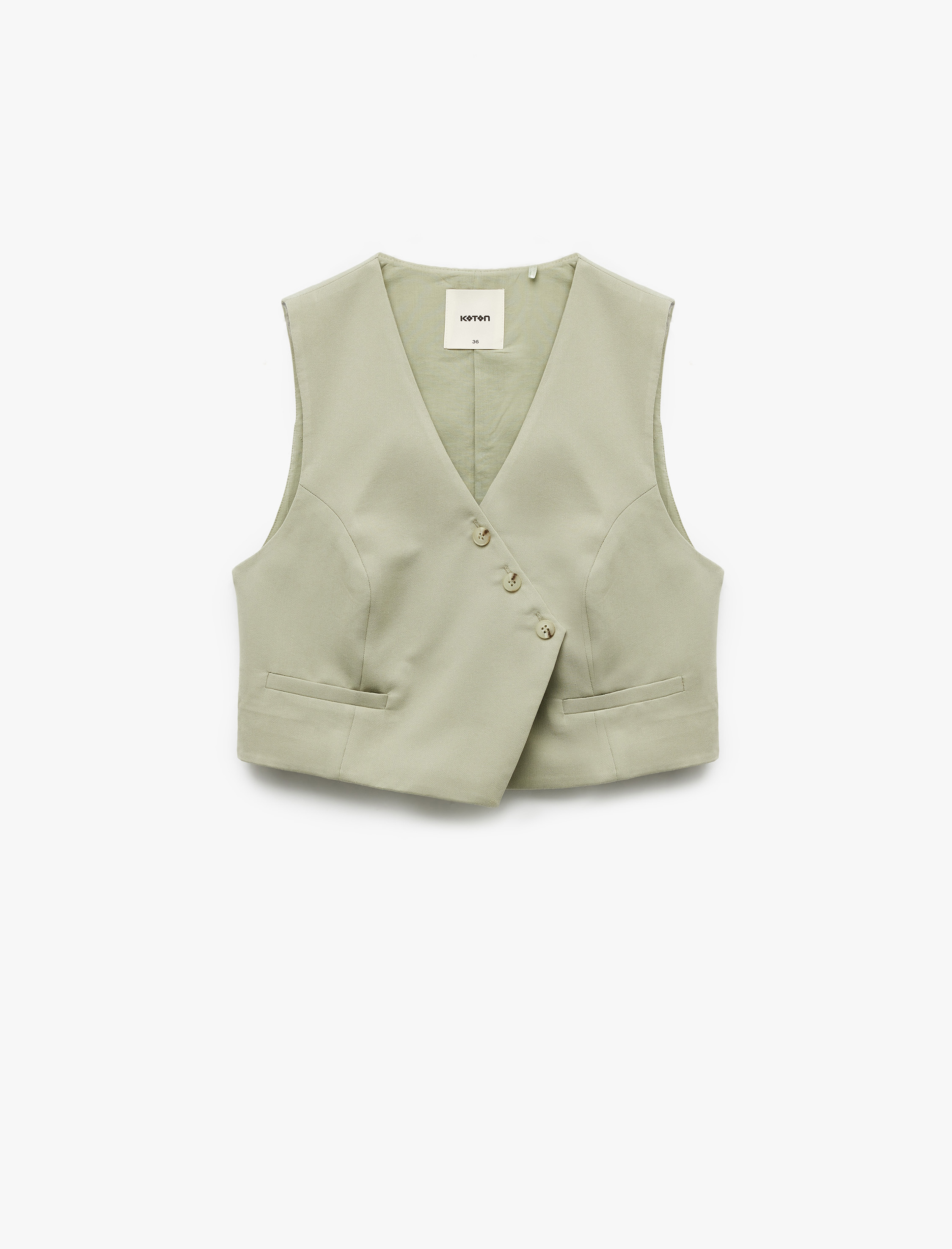   Modal Kumaş Asimetrik Kesim Düğmeli Kruvaze Crop Yelek