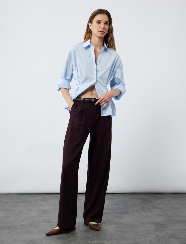  Pamuklu Uzun Kollu Pile Detaylı Düğmeli Oversize Poplin Gömlek