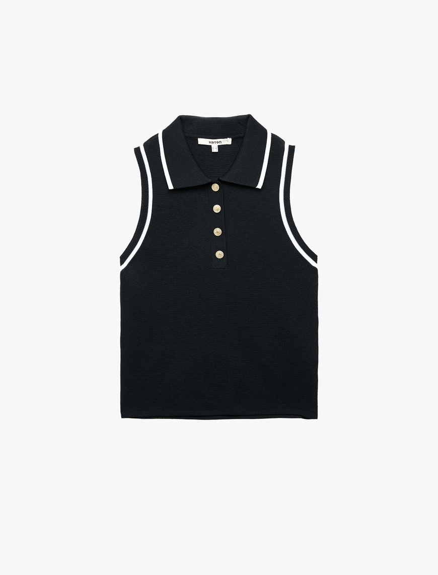   Regular Fit Düğmeli Kolsuz Polo Yaka Triko Bluz