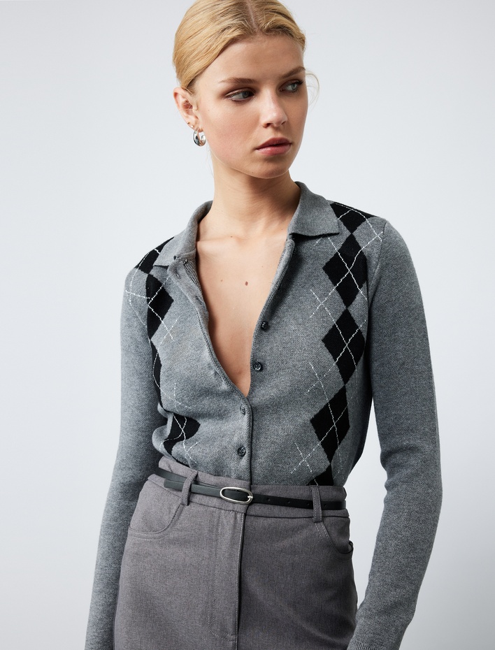  Uzun Kollu Polo Yaka Ekose Triko Hırka