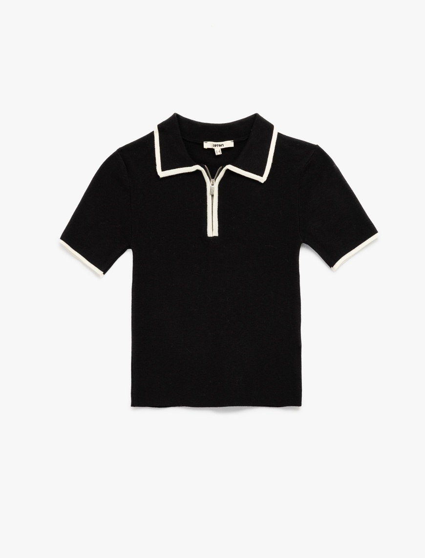   Regular Fit Kısa Kollu Polo Yaka Yarım Fermuarlı Triko Kazak