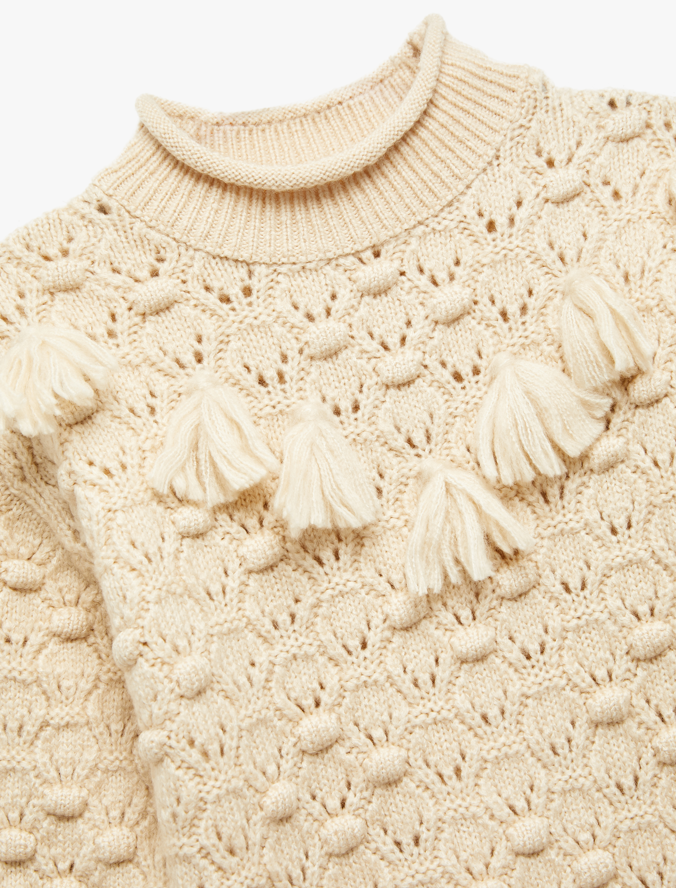 Kız Çocuk Dik Yaka Uzun Kollu Püsküllü Triko Kazak