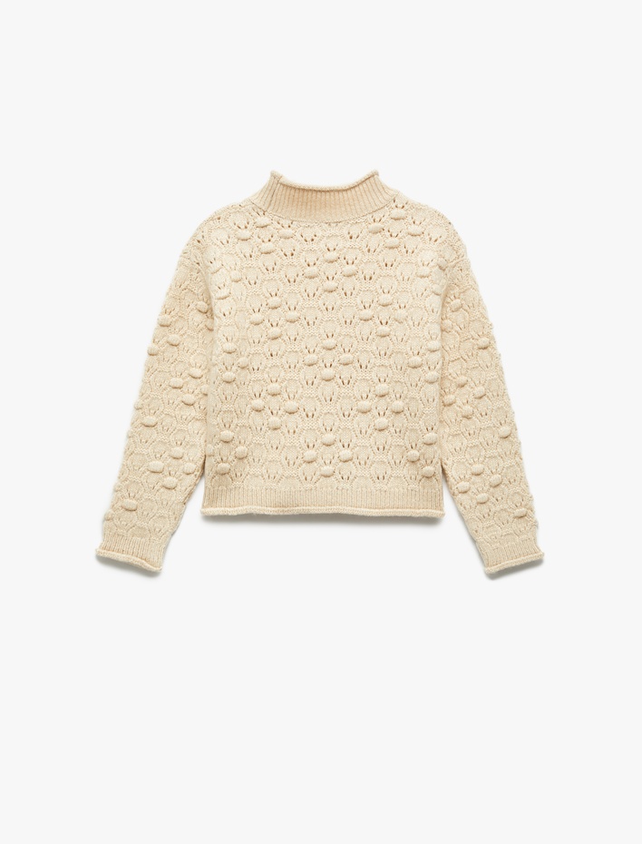 Kız Çocuk Dik Yaka Uzun Kollu Püsküllü Triko Kazak