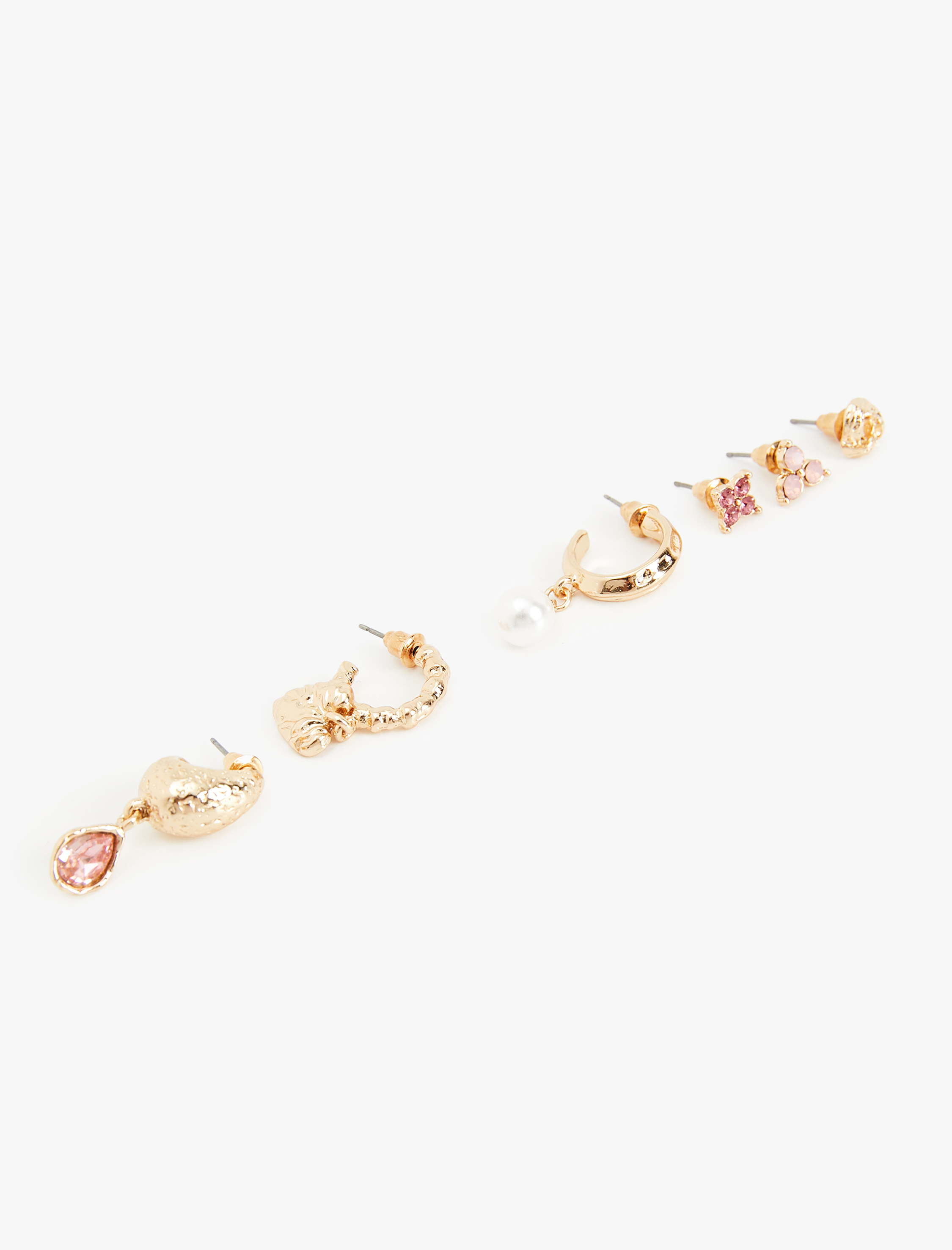  Kadın Taş Detaylı Kalpli 6'lı Top ve Halka Küpe Seti