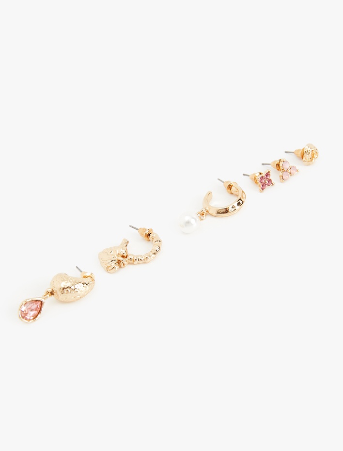 Kadın Taş Detaylı Kalpli 6'lı Top ve Halka Küpe Seti