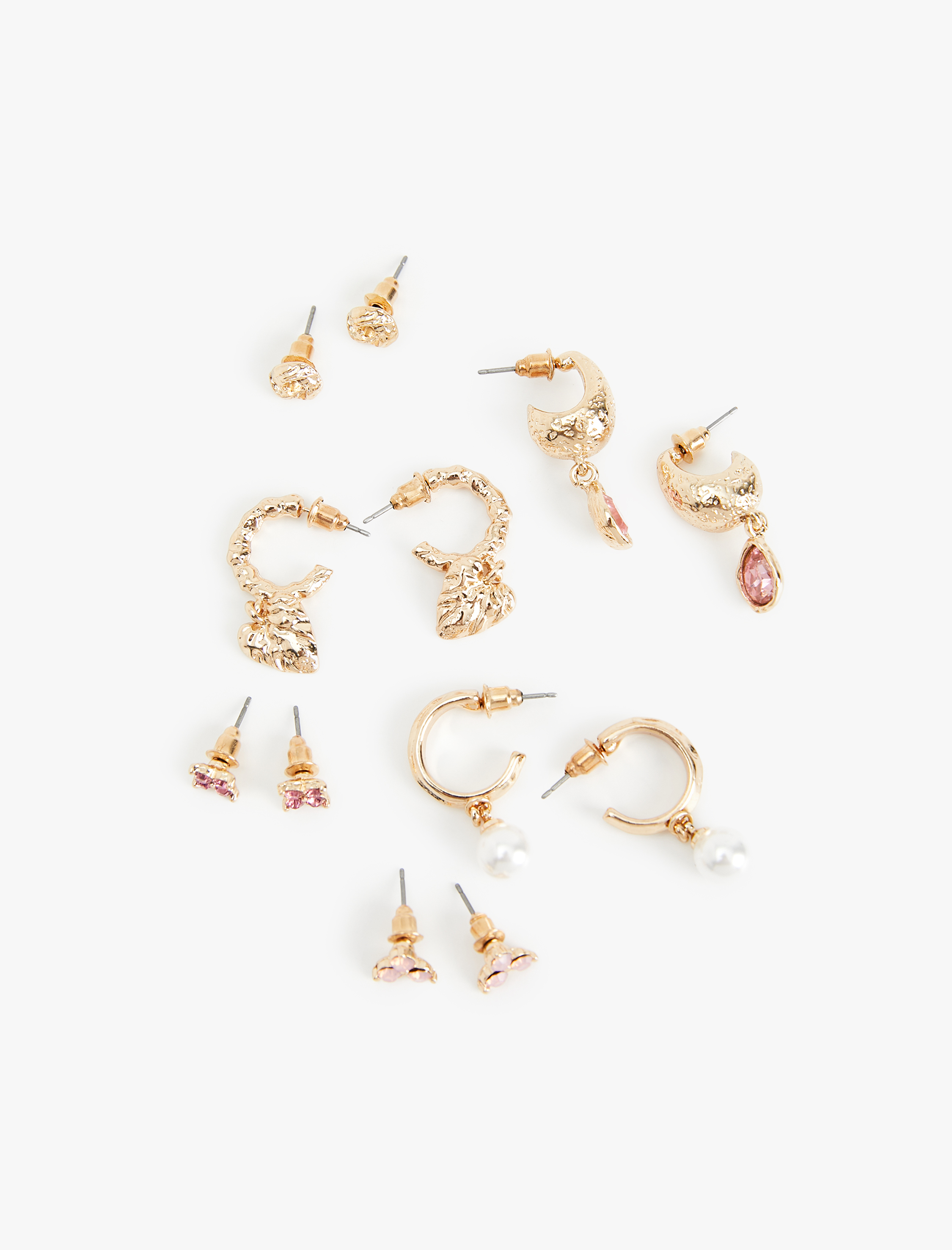  Kadın Taş Detaylı Kalpli 6'lı Top ve Halka Küpe Seti