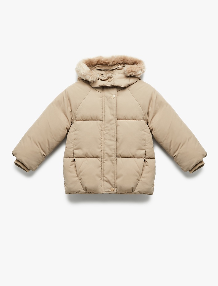 Kız Bebek Kapşonlu Uzun Kollu Kapitone Şişme Mont