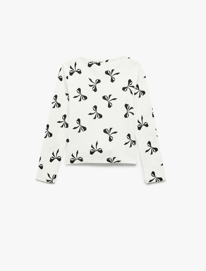 Kız Çocuk Fiyonk Desenli Uzun Kollu Bisiklet Yaka Pamuklu Tişört