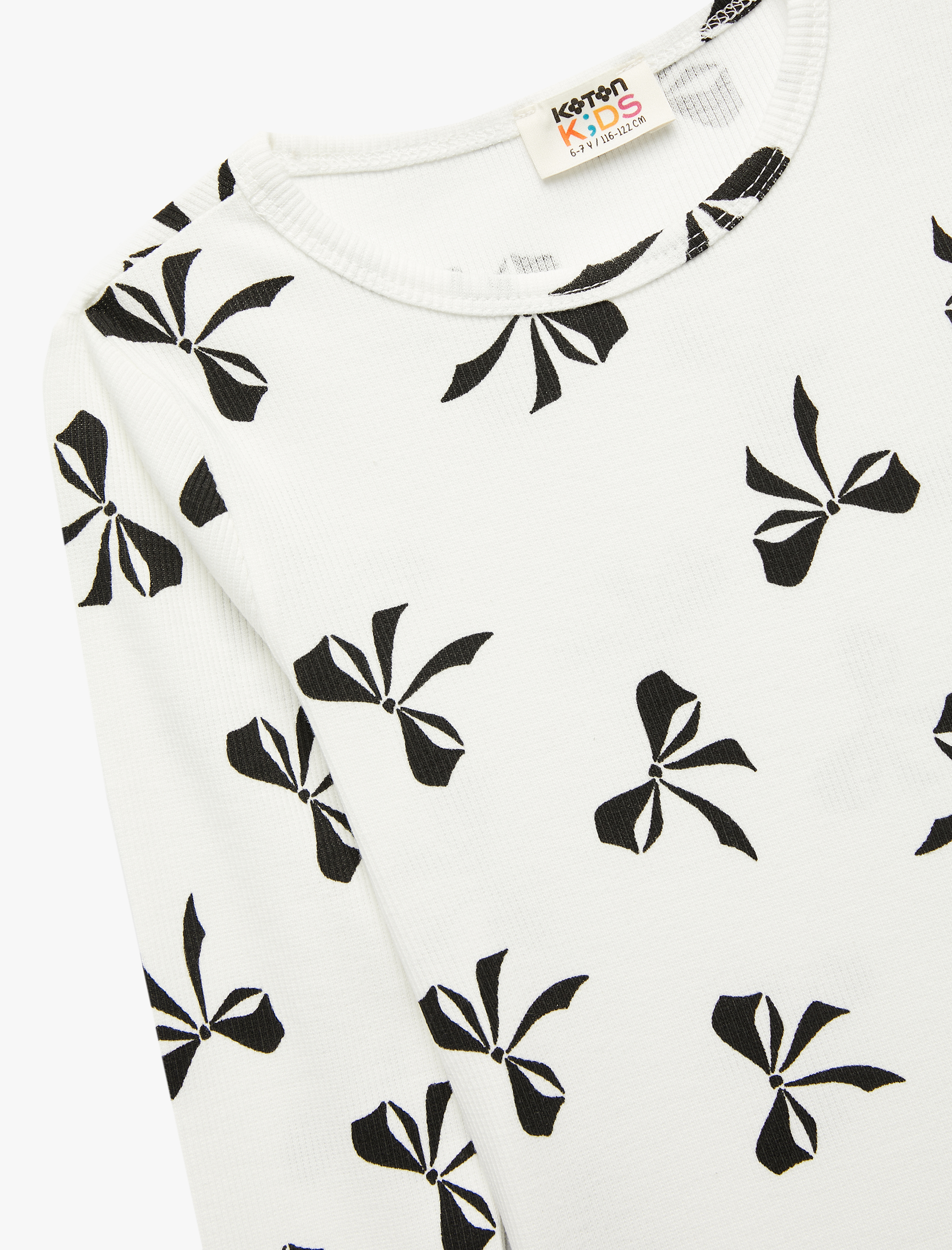  Kız Çocuk Fiyonk Desenli Uzun Kollu Bisiklet Yaka Pamuklu Tişört