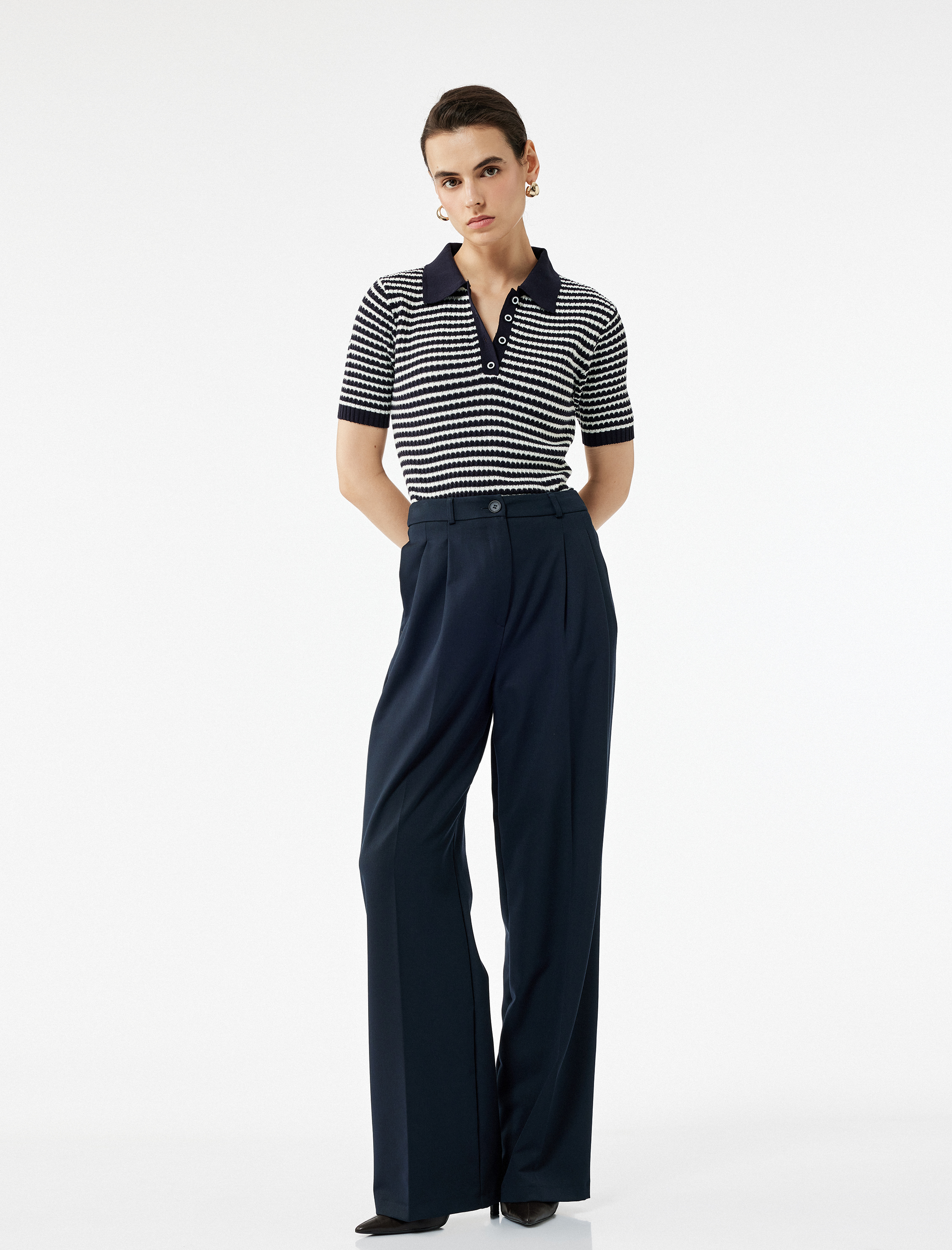   Kısa Kollu Çizgili Düğmeli Triko Polo Yaka Kazak