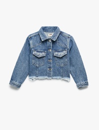 Uzun Kollu Taş Detaylı Cepli Pamuklu Denim Ceket