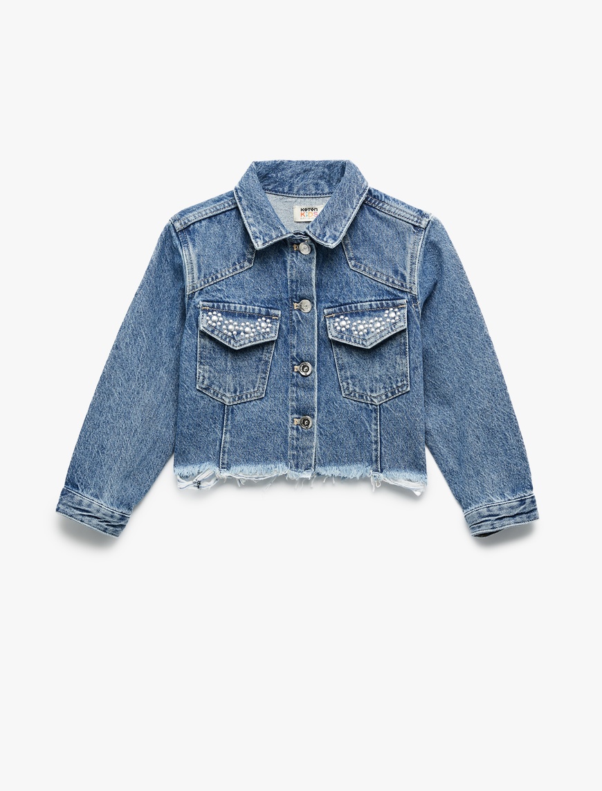  Kız Çocuk Uzun Kollu Taş Detaylı Cepli Pamuklu Denim Ceket