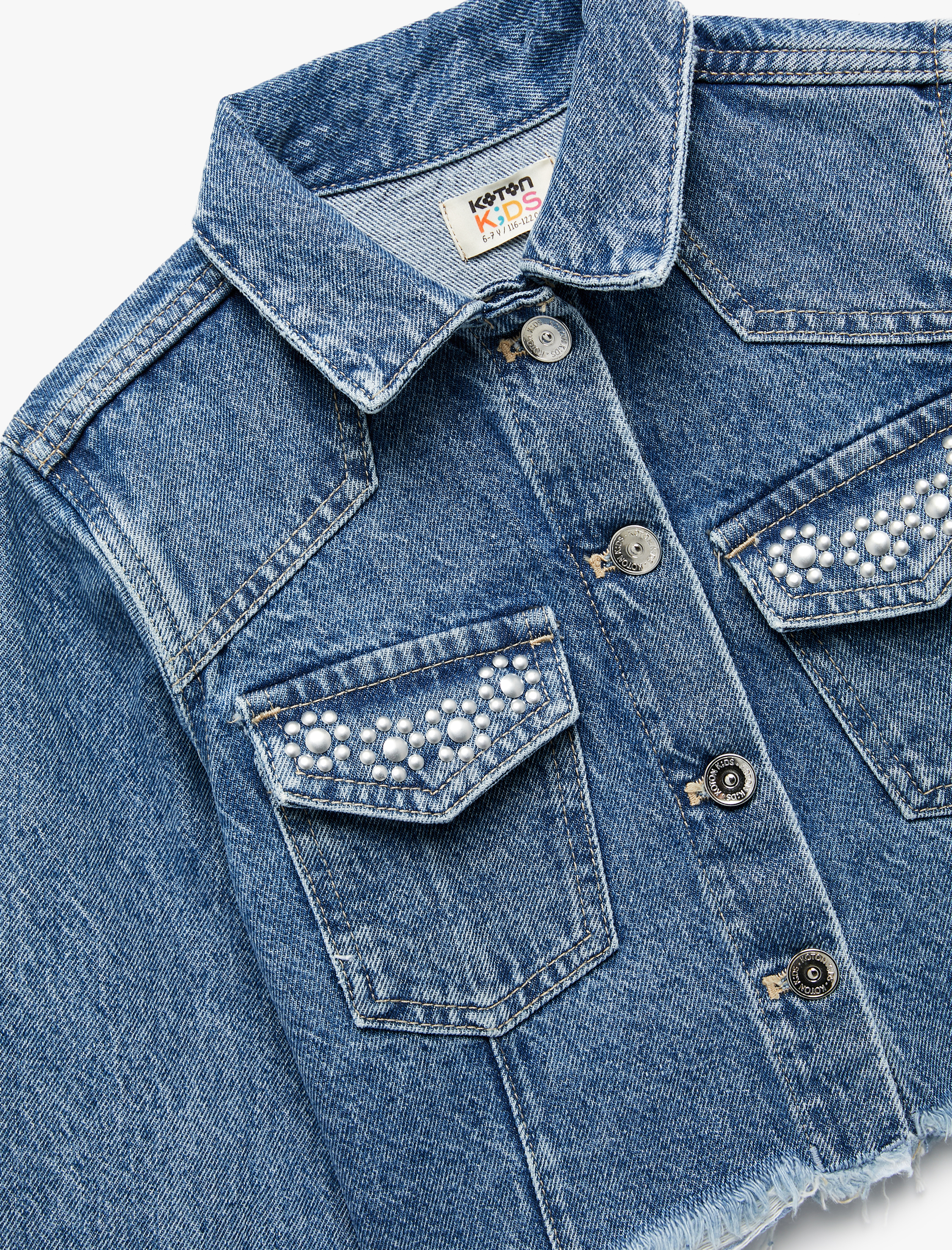  Kız Çocuk Uzun Kollu Taş Detaylı Cepli Pamuklu Denim Ceket