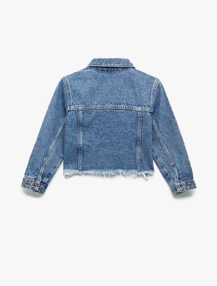 Kız Çocuk Uzun Kollu Taş Detaylı Cepli Pamuklu Denim Ceket