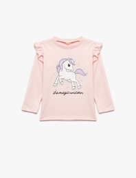 Unicorn Baskılı Pamuklu Uzun Kollu Bisiklet Yaka Tişört