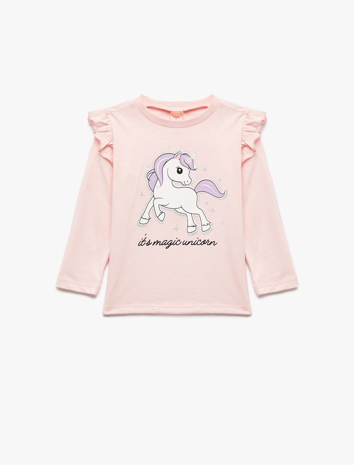 Kız Bebek Unicorn Baskılı Pamuklu Uzun Kollu Bisiklet Yaka Tişört
