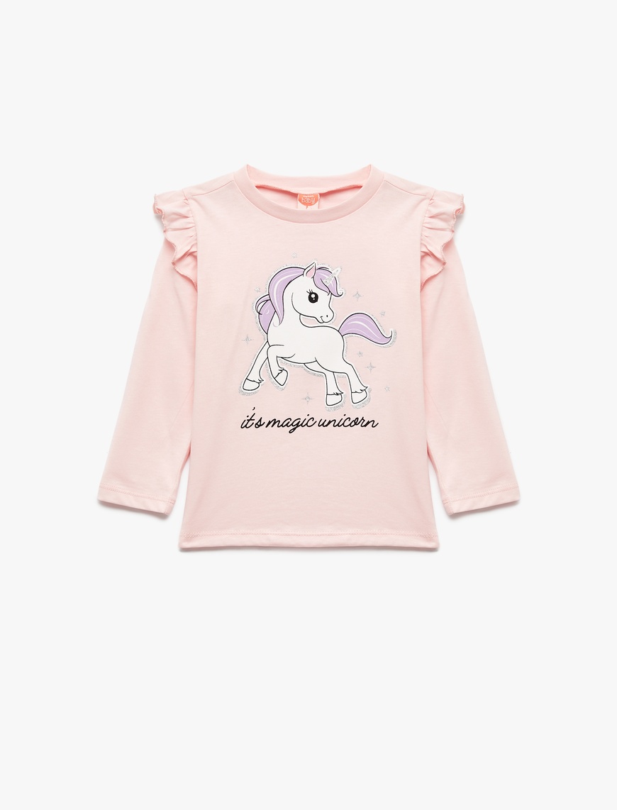  Kız Bebek Unicorn Baskılı Pamuklu Uzun Kollu Bisiklet Yaka Tişört