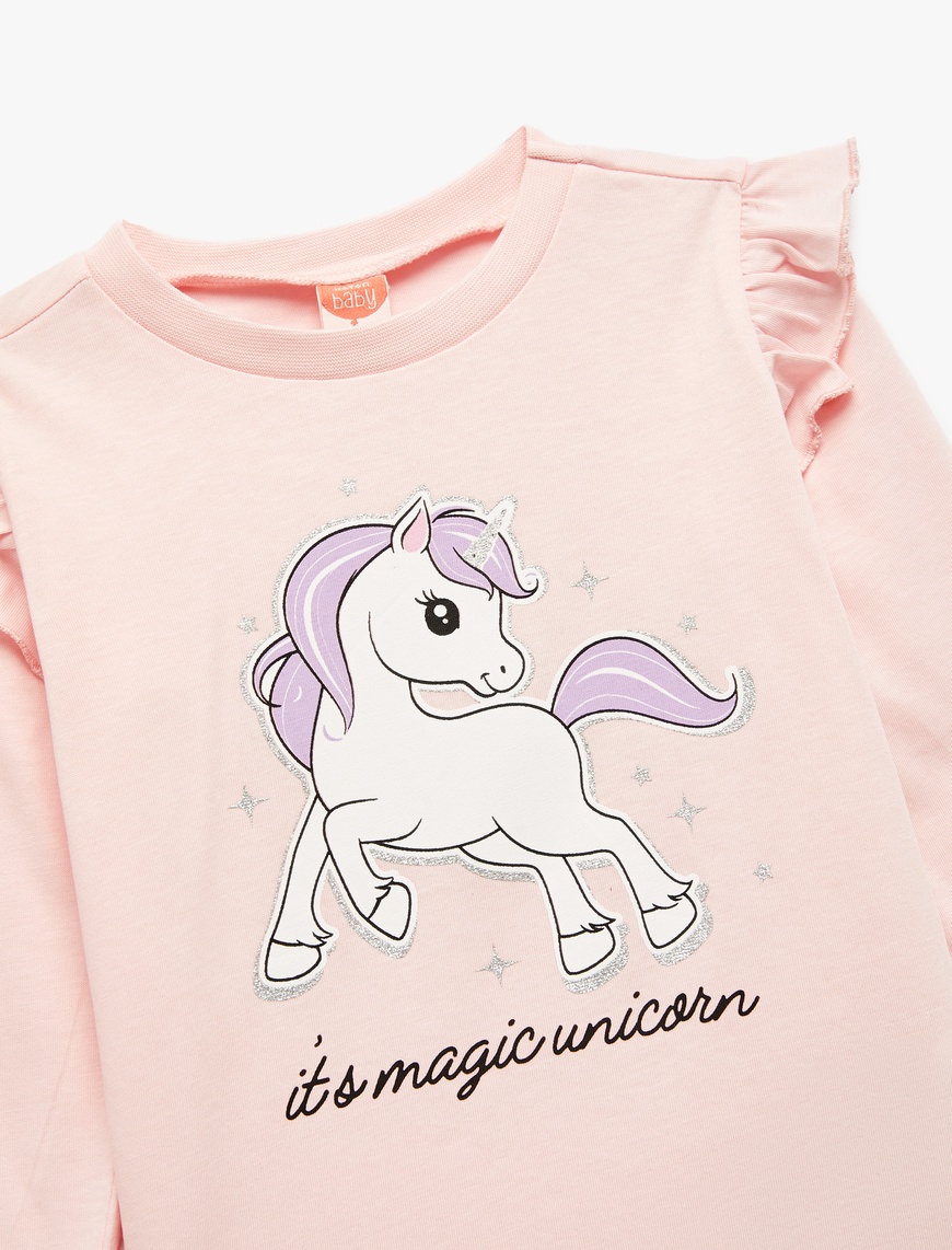 Kız Bebek Unicorn Baskılı Pamuklu Uzun Kollu Bisiklet Yaka Tişört