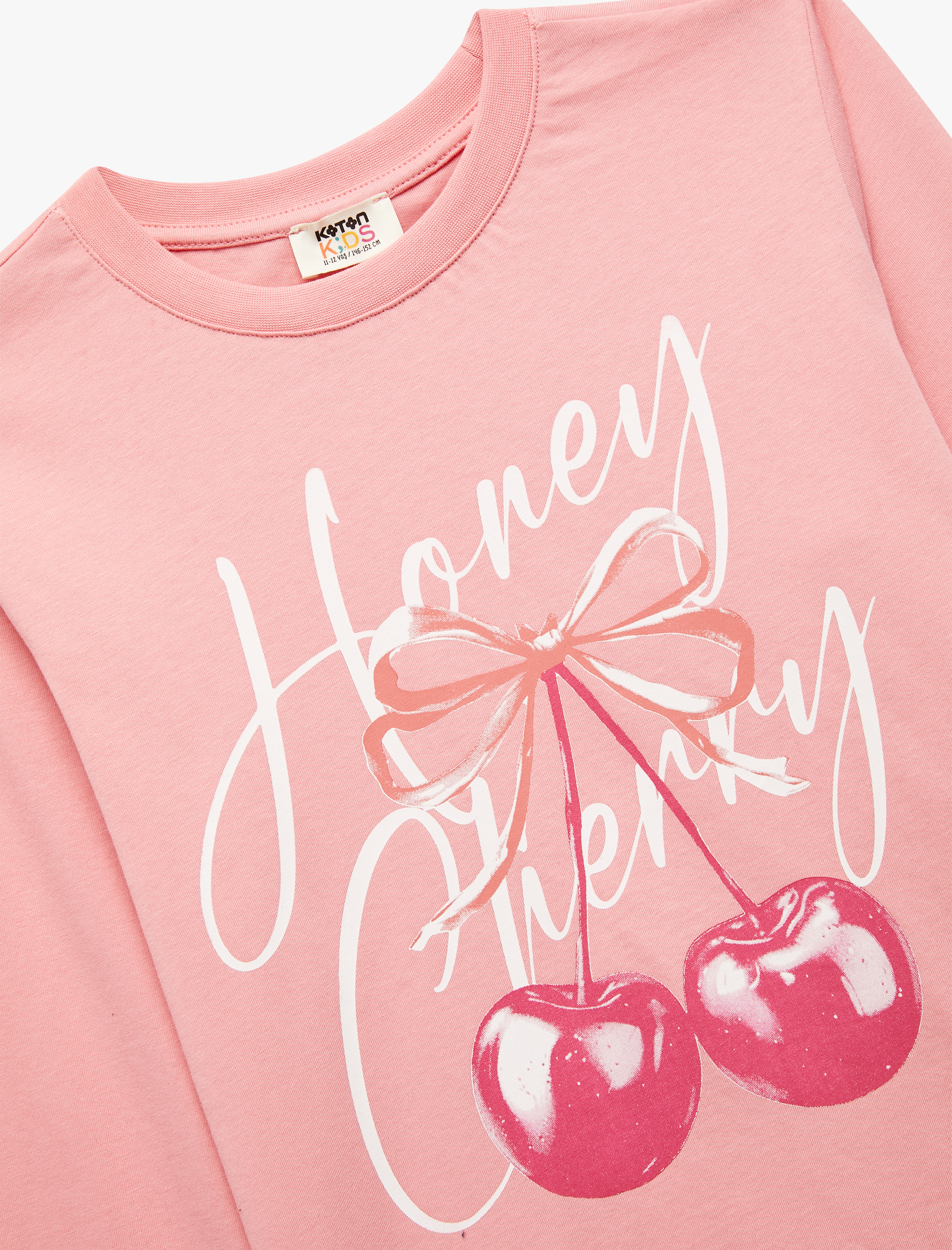  Kız Çocuk Pamuklu Uzun Kollu Bisiklet Yaka Kiraz Baskılı Tişört