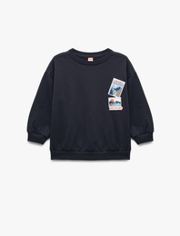 Uzun Kollu Bisiklet Yaka Baskılı Pamuklu Sweatshirt
