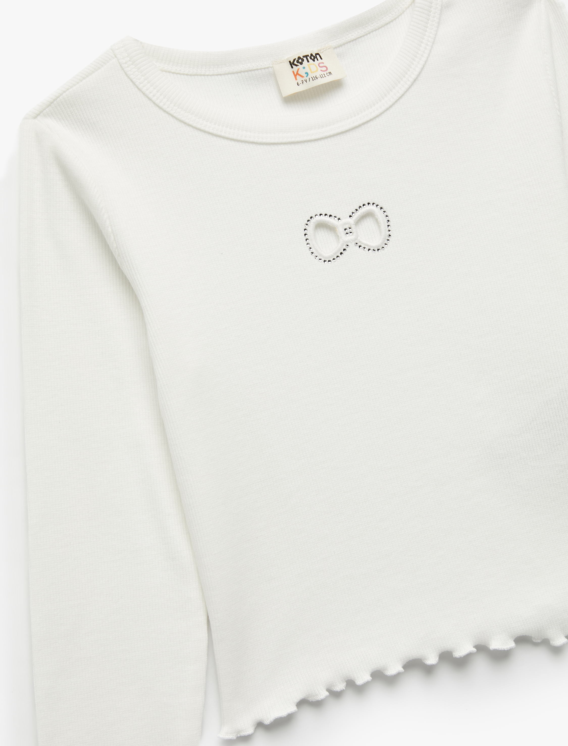  Kız Çocuk Uzun Kollu Bisiklet Yaka Fiyonk Pencere Detaylı Kaşkorse Tişört