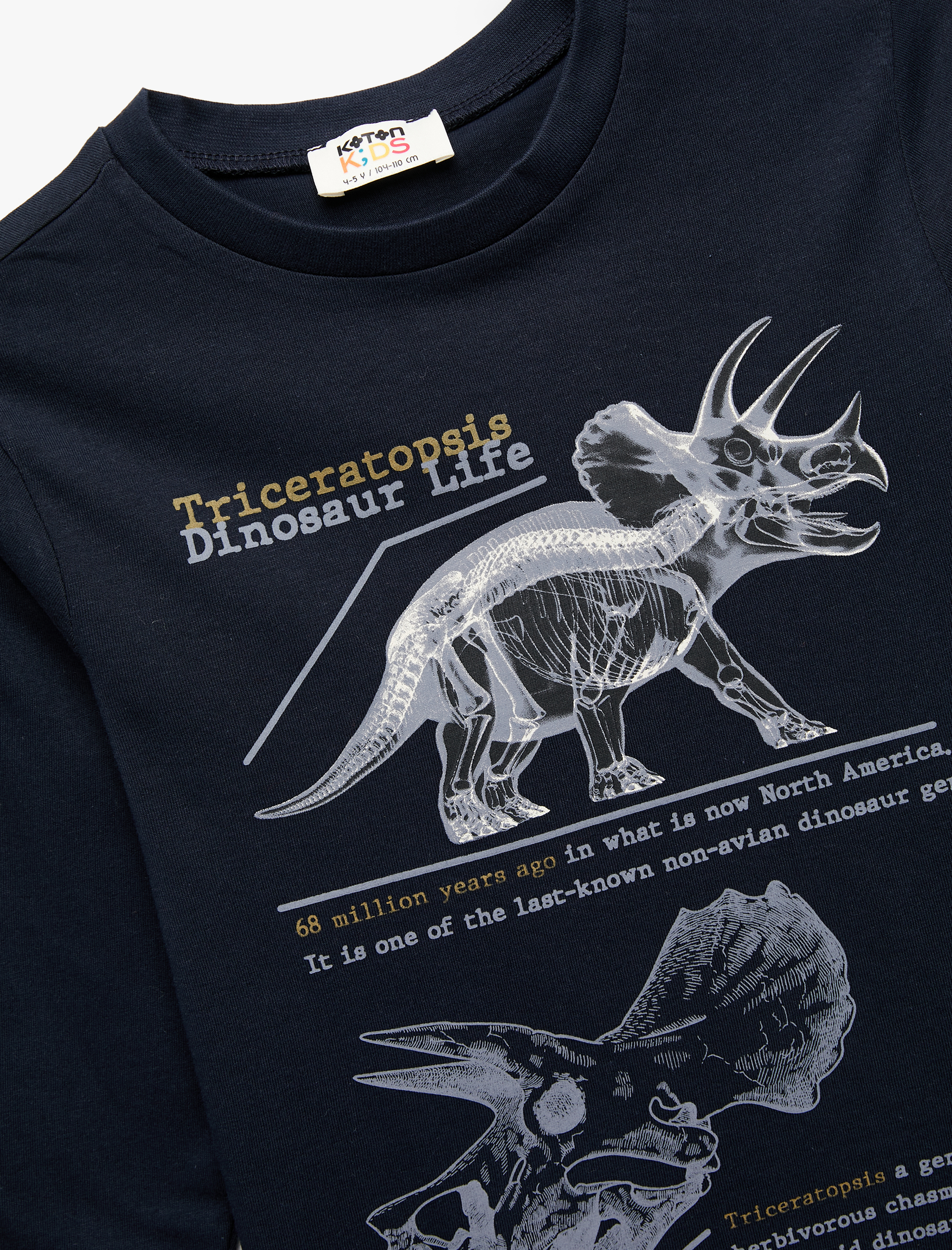  Erkek Çocuk Pamuklu Uzun Kollu Bisiklet Yaka Dinozor Baskılı Tişört