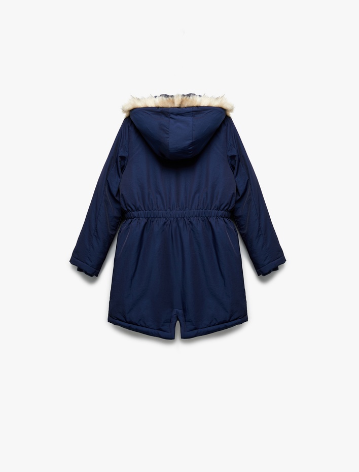 Kız Çocuk Peluş Detaylı Uzun Kollu Cepli Kapşonlu Mont