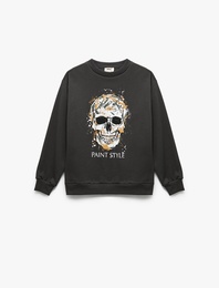 Pamuklu Uzun Kollu Bisiklet Yaka Baskılı Şardonlu Sweatshirt