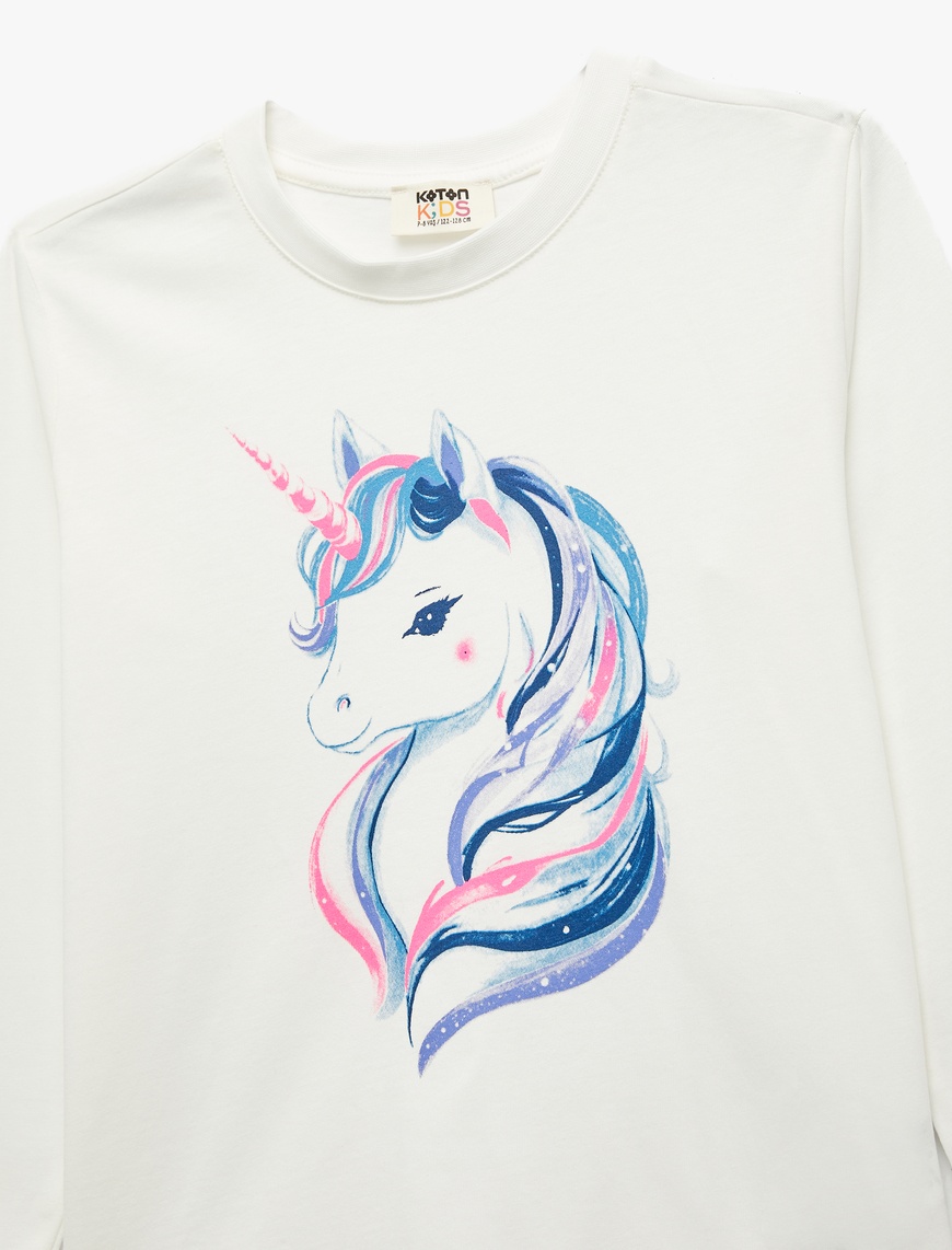  Kız Çocuk Pamuklu Uzun Kollu Bisiklet Yaka Unicorn Baskılı Tişört