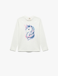 Pamuklu Uzun Kollu Bisiklet Yaka Unicorn Baskılı Tişört