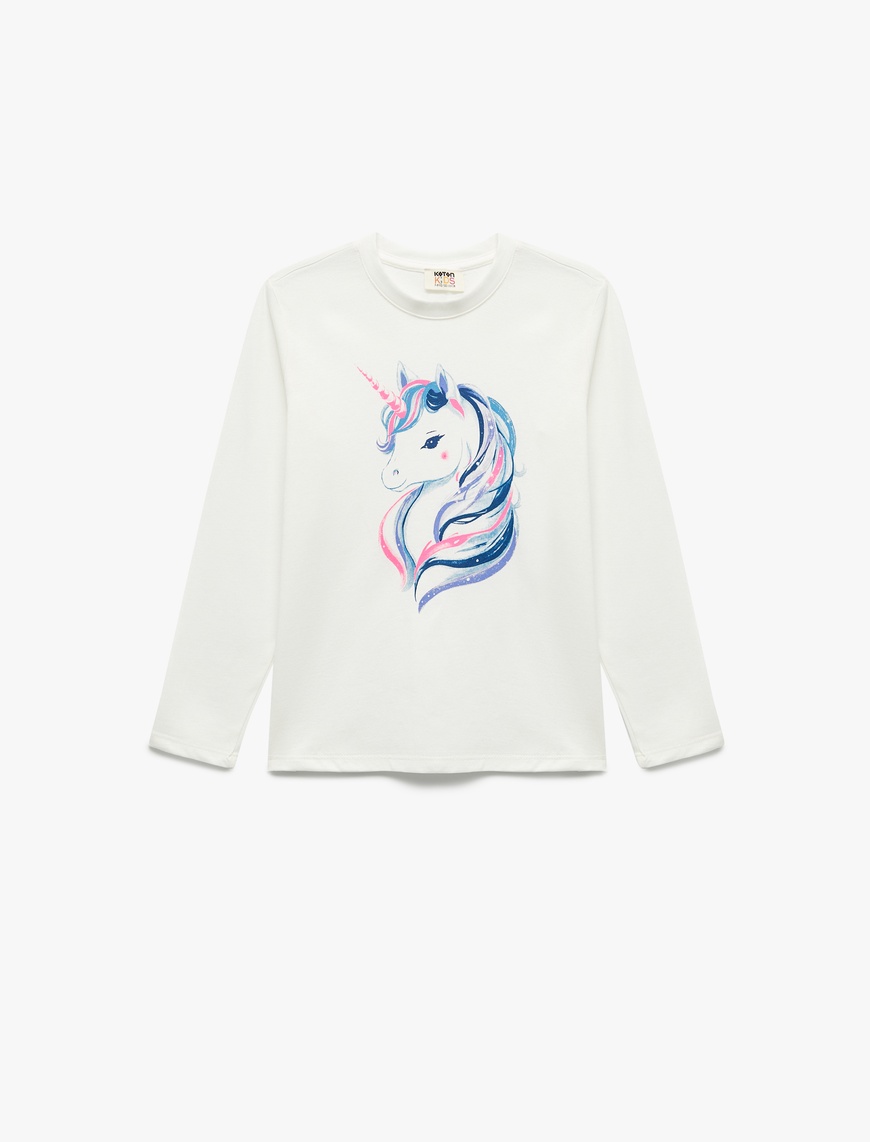  Kız Çocuk Pamuklu Uzun Kollu Bisiklet Yaka Unicorn Baskılı Tişört