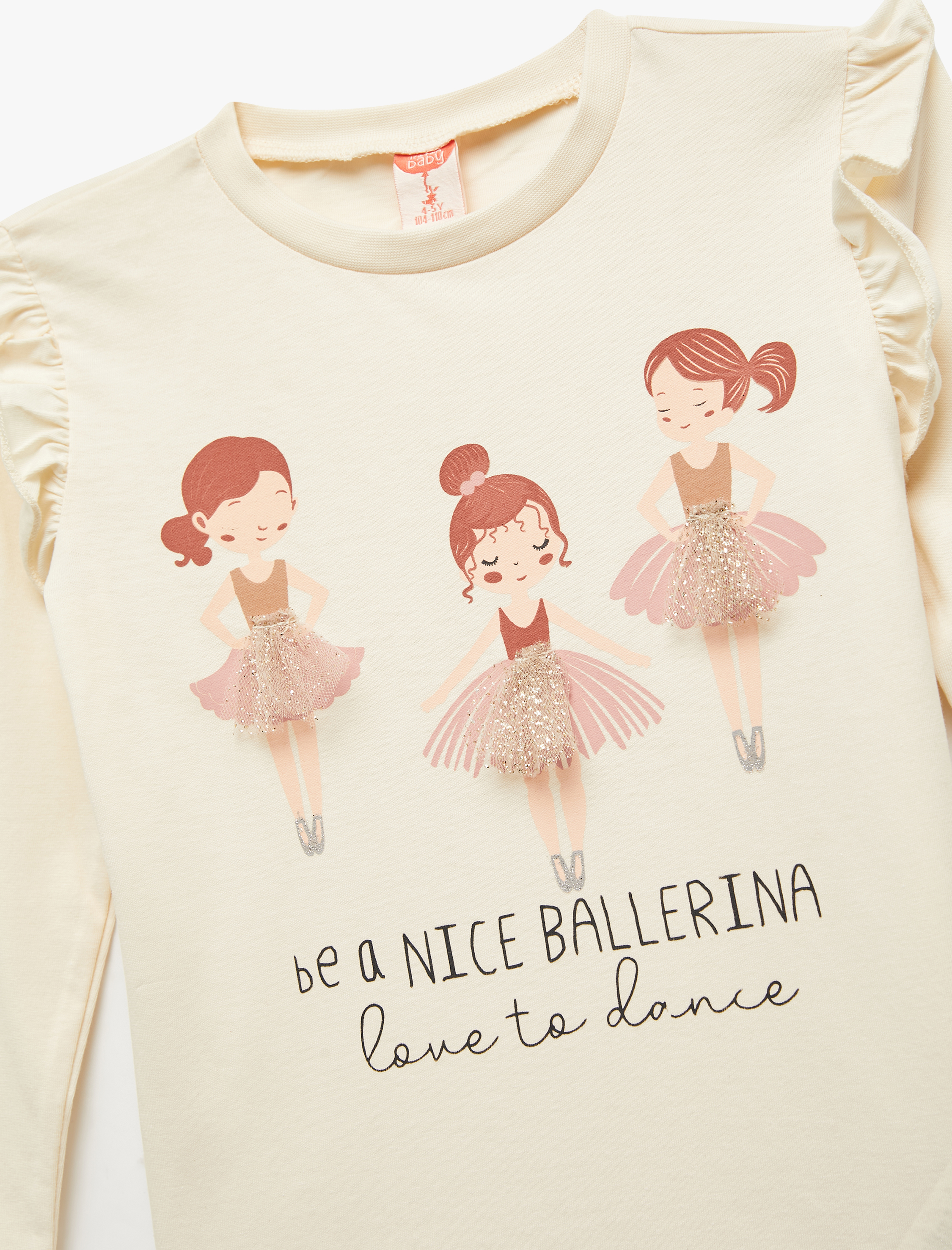  Kız Bebek Balerin Baskılı Uzun Kollu Bisiklet Yaka Pamuklu Tişört