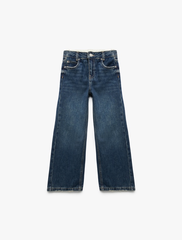 Beli Bağcıklı Pamuklu Geniş Paça Denim Pantolon_0