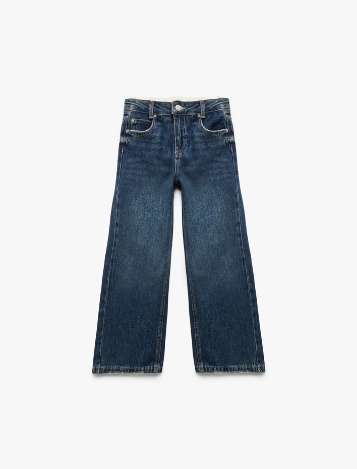 Kız Çocuk Beli Bağcıklı Pamuklu Geniş Paça Denim Pantolon