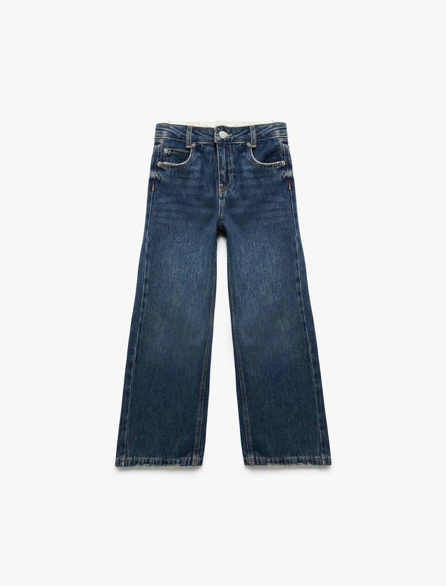  Kız Çocuk Beli Bağcıklı Pamuklu Geniş Paça Denim Pantolon