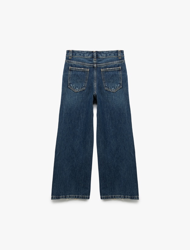 Beli Bağcıklı Pamuklu Geniş Paça Denim Pantolon_1