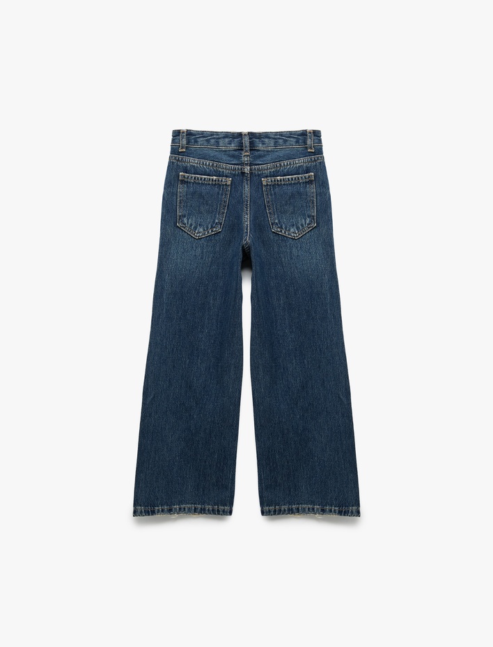 Kız Çocuk Beli Bağcıklı Pamuklu Geniş Paça Denim Pantolon