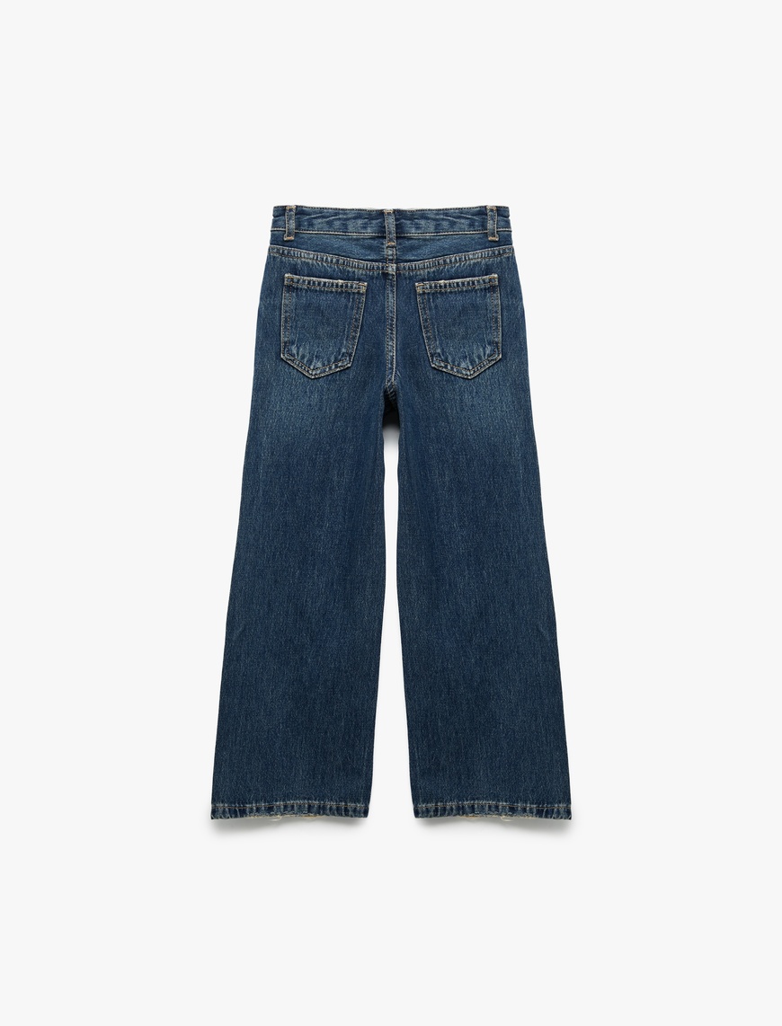  Kız Çocuk Beli Bağcıklı Pamuklu Geniş Paça Denim Pantolon