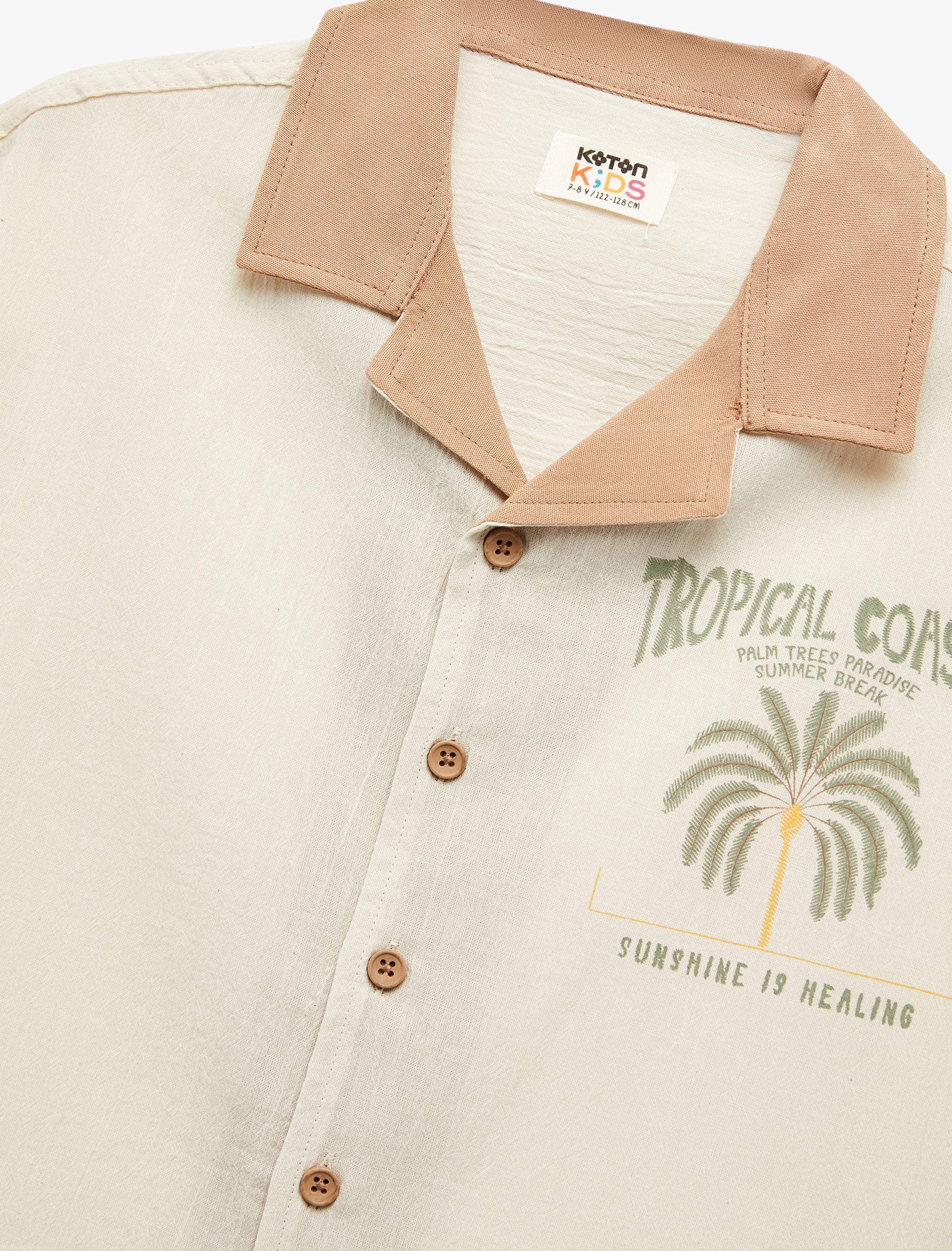  Erkek Çocuk Palmiye Baskılı Düğmeli Pamuklu Kısa Kollu Gömlek