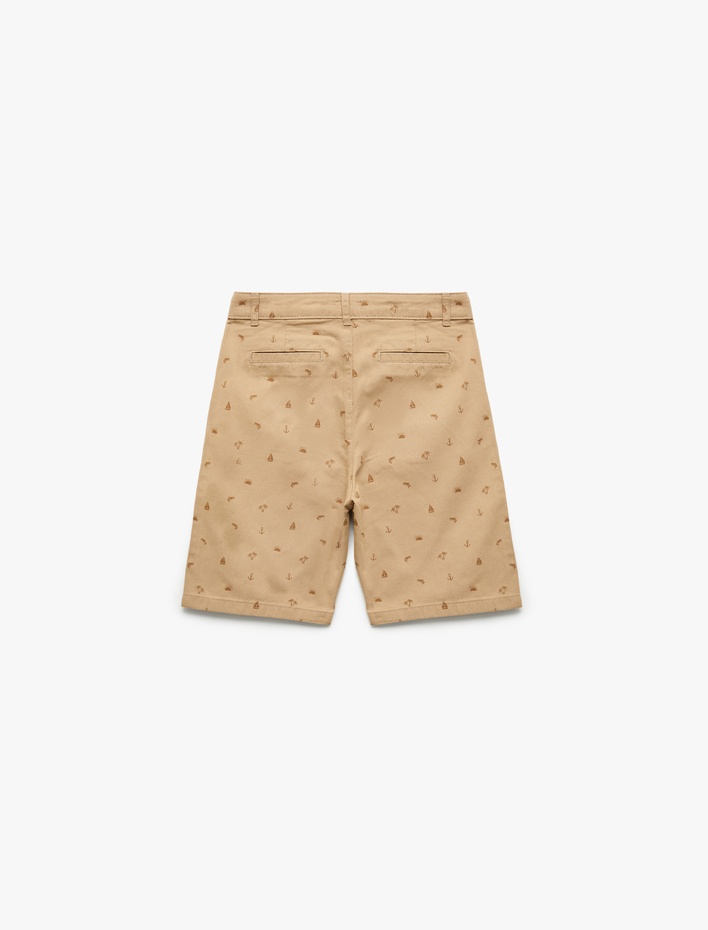 Erkek Çocuk Deniz Temalı Baskılı Düğmeli Cep Detaylı Pamuklu Şort