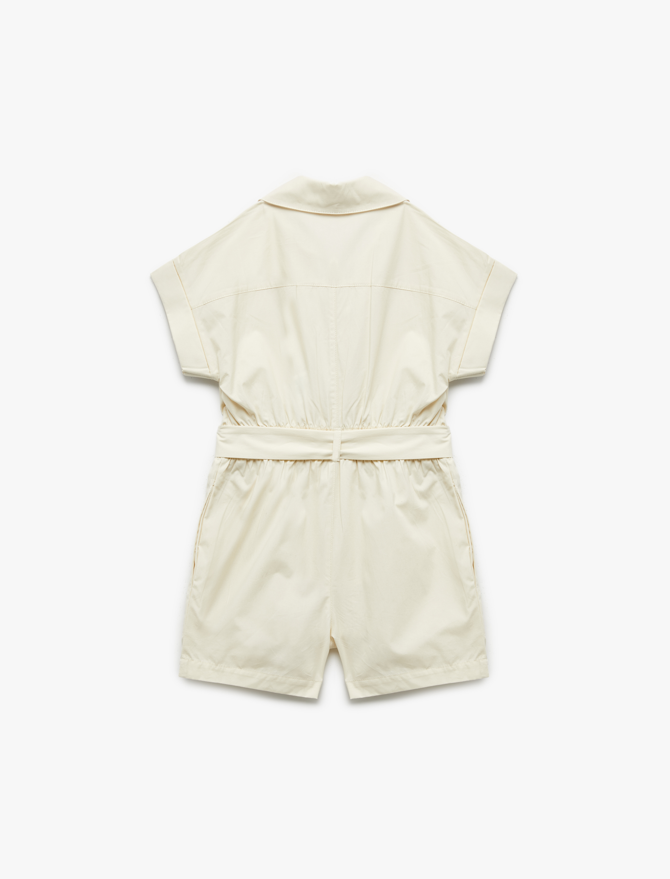  Kız Çocuk Cep ve Kemer Detaylı Pamuklu Gömlek Yaka Kısa Tulum