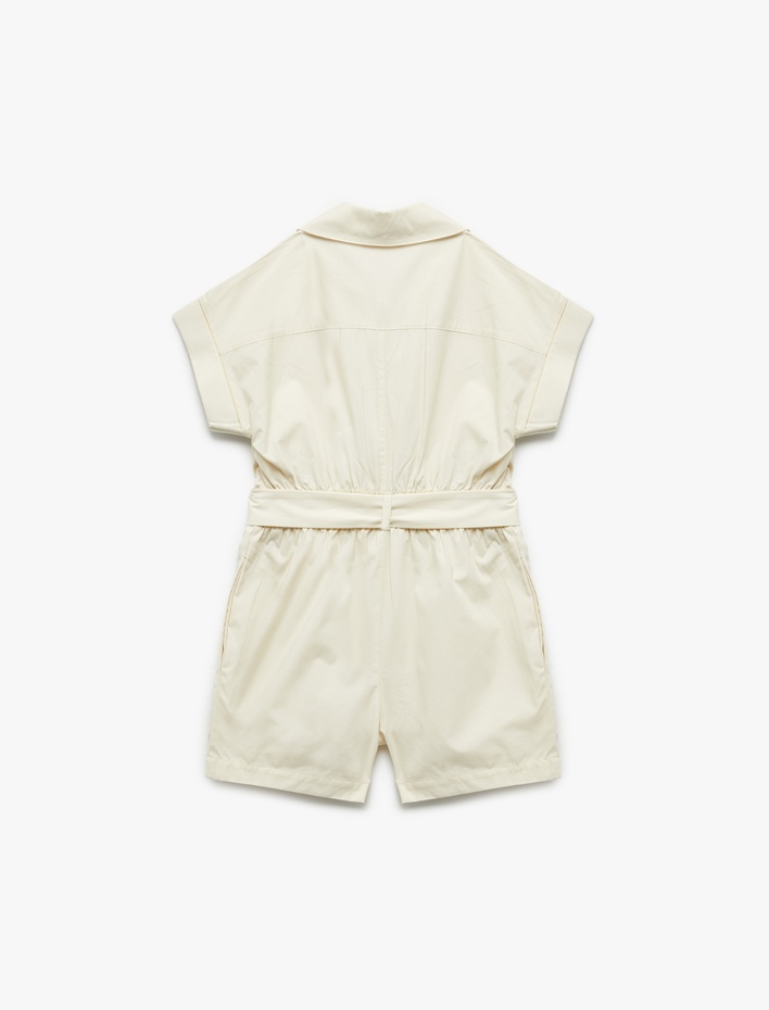 Kız Çocuk Cep ve Kemer Detaylı Pamuklu Gömlek Yaka Kısa Tulum