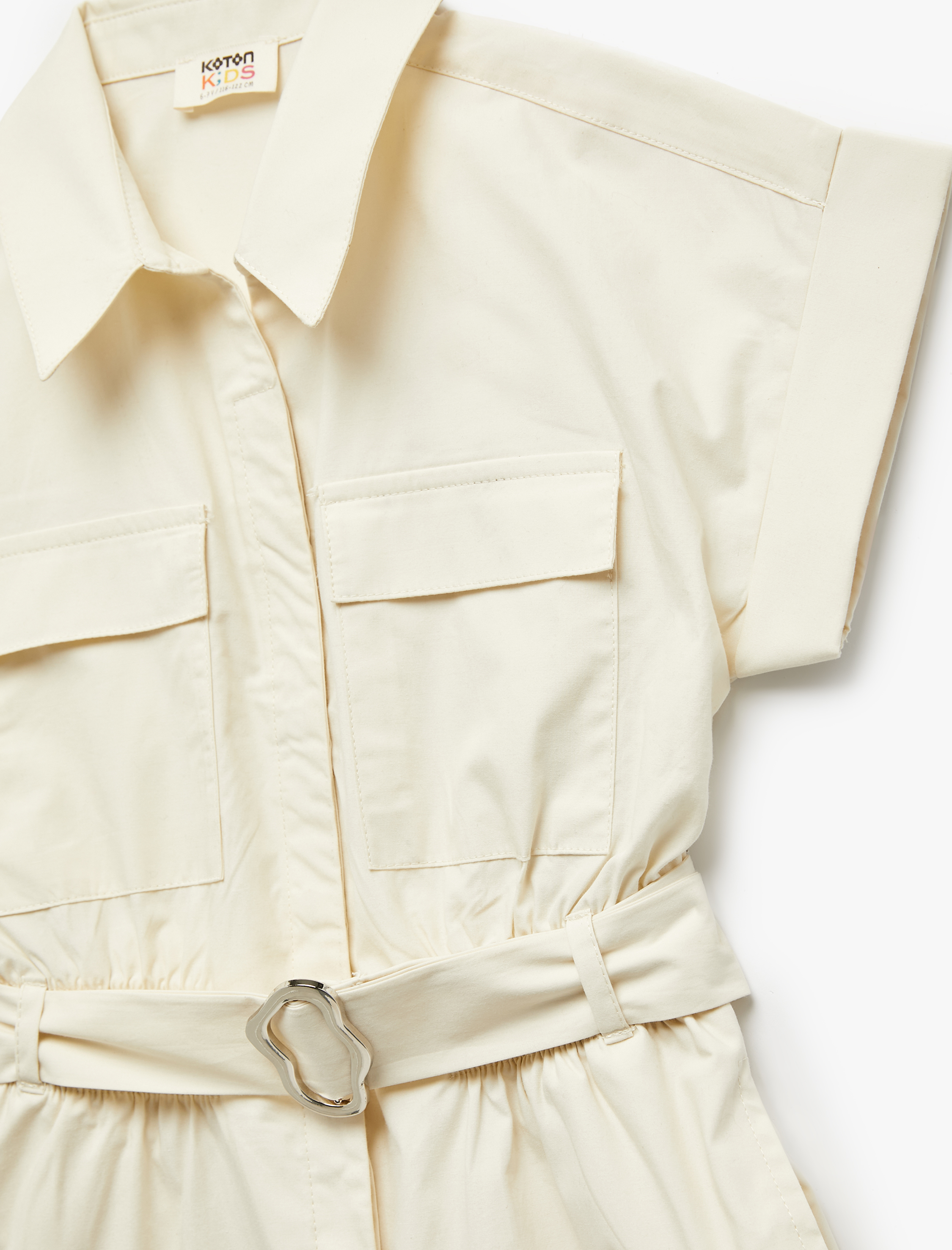  Kız Çocuk Cep ve Kemer Detaylı Pamuklu Gömlek Yaka Kısa Tulum