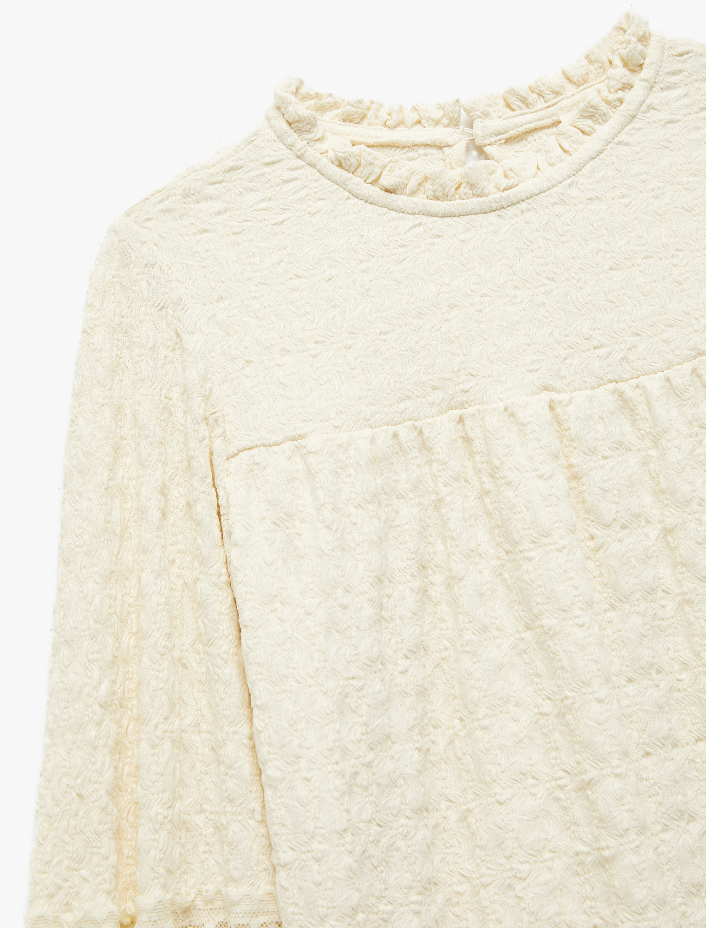  Kız Çocuk Yuvarlak Yaka Fırfırlı Uzun Kollu Dantel Detaylı Bluz